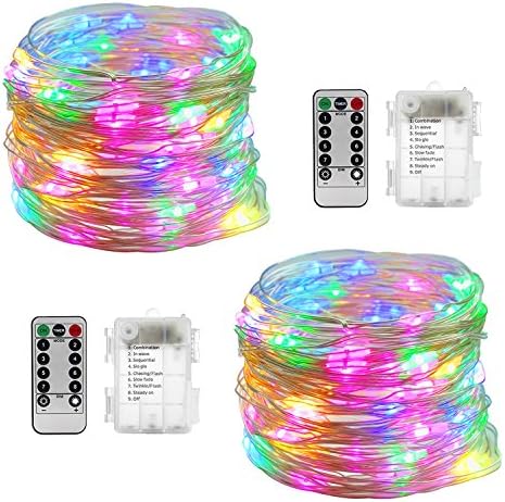 Fanme String Lights 2 Sets Battery Operated 33FT 100 LEDs Fairy Light Rope Waterproof Flexible Silver Wire Bright 8 Modes Remote Control Starry Lights for Bedroom Wedding Festival Décor (multi-colors)