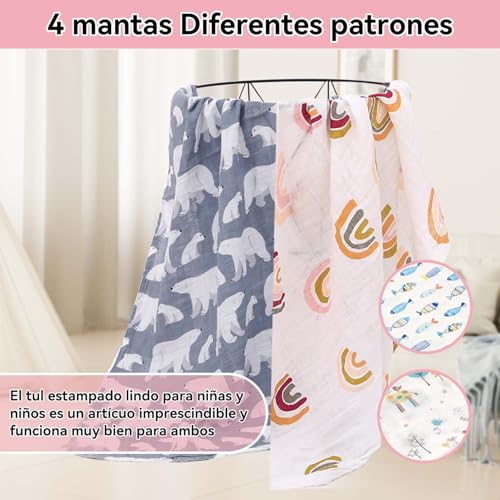Konicoo Manta Receptora para Niña,4 Pcs Muselinas para Niño Y Niña,120 * 100CM Mantas de Muselina,100% Algodón,Frazadas Protectoras de Temperatura Suave Y Transpirable,Mantas de Lactancia