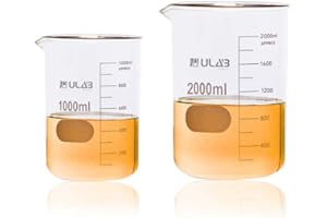 ULAB Scientific Glass Beaker Set 2 Sizes 1000ml 2000ml 3.3 Borosilicate Griffin Low Form with Printed Graduation UBG1018