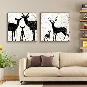 Framed Canvas Wall Art for Living Room, Bedroom Wood Panels Deers Illustration Canvas Prints for Home Decoration Ready to Hang - 16"x16"x2 Panels