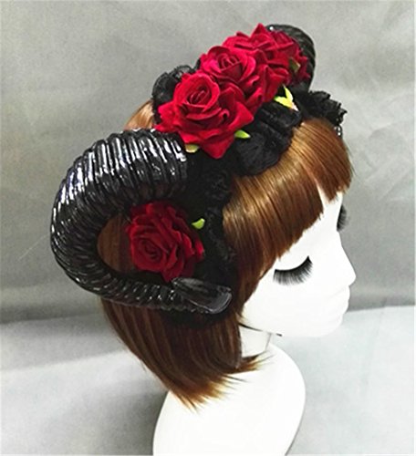 Restyle Sheep Horn Rose Flower Headband Gothic Beauty Horror Horns Halloween Black Veil Lace Retro Hair Accessories Vintage (A)