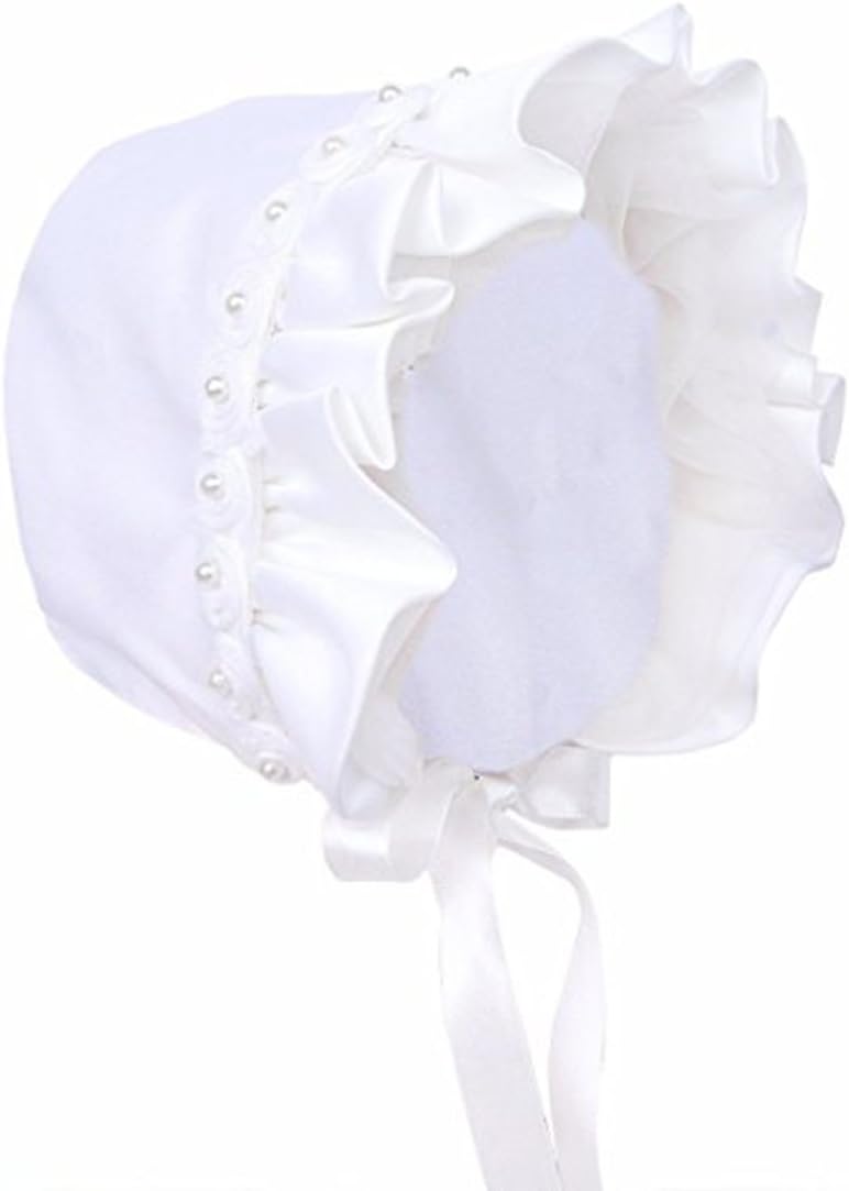 Sharbay Pure Cotton Baby Infant Hat with Chin Strap Closed Back Hat, white Rose Ribbon Bonnet (0-6 months)