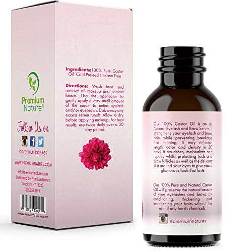 Castor Oil Eyelash Growth Serum - 100% Pure Cold Pressed Castor Oil for Eyebrow, Eyelashes, Hair & Skin, Hexane-Free Lash Boost Serum Moisturizer, Mascara & Eyebrow Brush Kit Included Premium Nature