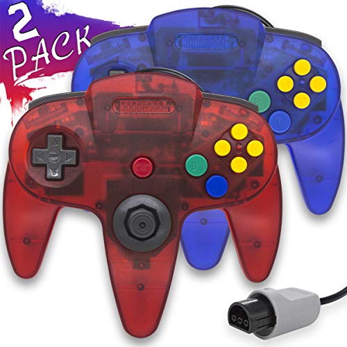 Wired Controller for Nintendo 64 N64 Console, Upgraded Joystick Classic Video Game Gamepad(Clear Red and Clear Blue,Pack of 2)