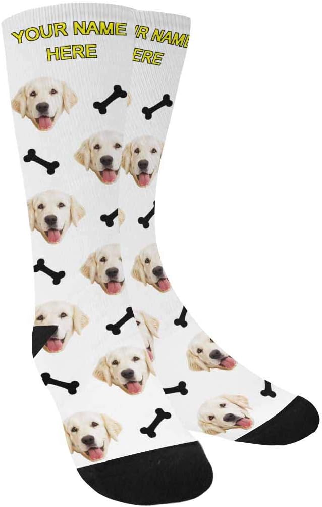 Custom Personalized Photo Pet Face Socks, Cat and Dog Tracks Paws Bones Crew Socks with Picture for Men Women