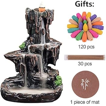 SPACEKEEPER Waterfall Monk Backflow Incense Burner Mountain Tower Incense Holders with 120 Backflow Incense Cones + 30 Incense Stick for Home Office Yoga Aromatcherapy Ornamen, Stone Brown