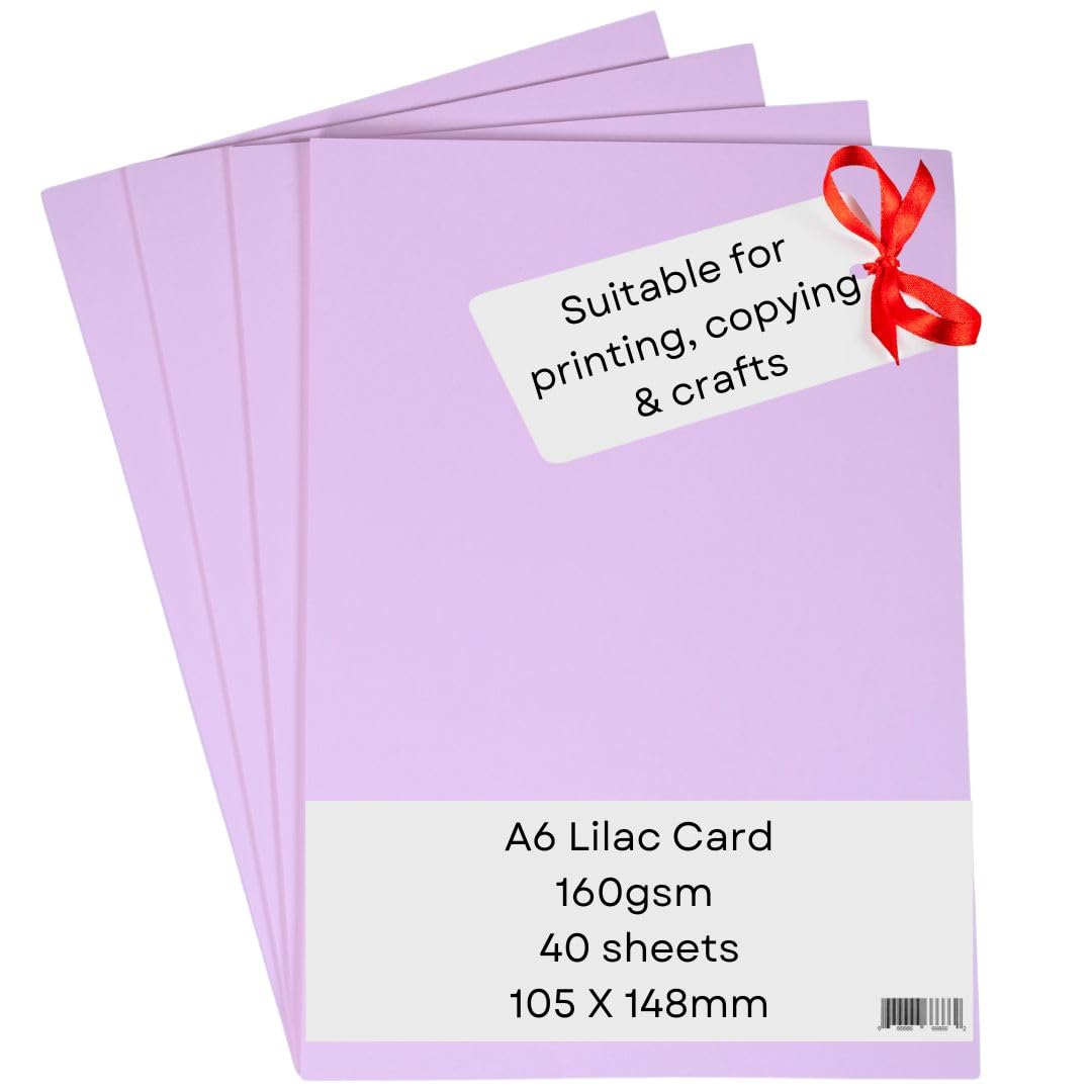 A6 Lilac Card Paper Printer - 160gsm 40 Sheets - Coloured - Suitable for Craft, Printing, Copying, Photocopiers