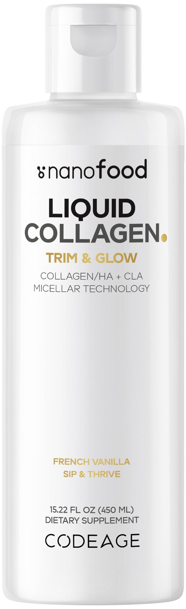 Codeage Liquid Collagen Supplement Vanilla Flavor, Beauty Trim & Glow Liposomal Collagen Peptides, CLA Conjugated Linoleic Acid, Hyaluronic Acid, Vitamin E, Hydrolyzed, Non-GMO, 15.22 fl oz