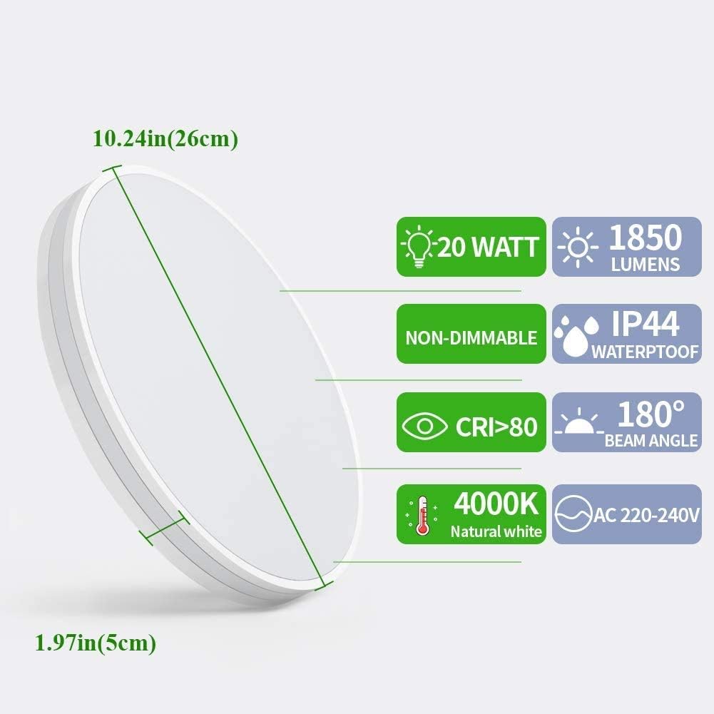 Quesen Flush Mount Ceiling Light Fixture, 80Ra 1850LM 5000K White LED Ceiling Light 20W Ceiling Lamp IP44 Waterproof for Bedroom Bathroom Kitchen Hallway Living Room - - 