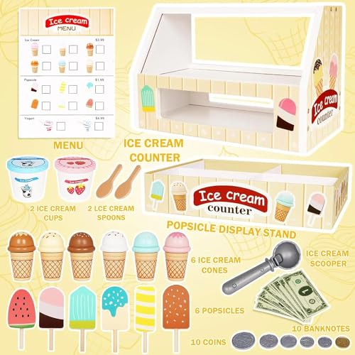 Beauenty Ice Cream Counter Playset for Kids, Montessori Pretend Play Food Toys Kitchen Accessories Wooden Popsicle Set with Scoop & Fake Cash, Ice Cream Shop Toys Toddler Learning Toy for Kids