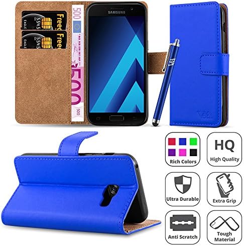 Galaxy A3 2017 Case - Wallet Book [Stand View] Card Case Cover Premium Leather Folio Case for Galaxy A3 2017 with Screen Protector, Microfibre Polishing Cloth and Touch Stylus Pen (Blue)
