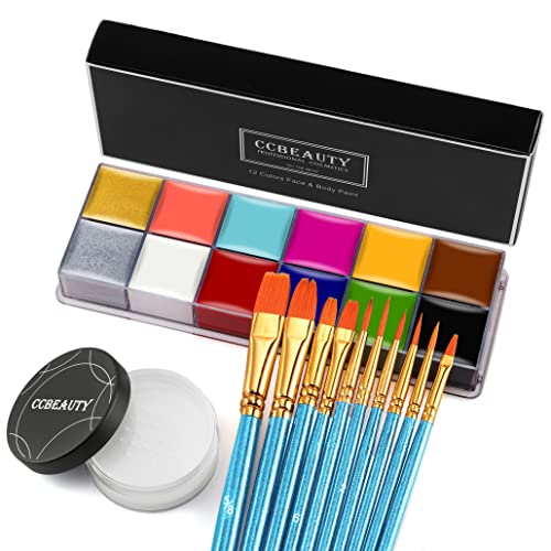 CCbeauty Pro 12 Colors Face Body Paint Oil Hypoallergenic Face Painting Palette Kit with Translucent Setting Powder, 10pcs Brushes for Halloween SFX Special Effects Costume Cosplay Makeup
