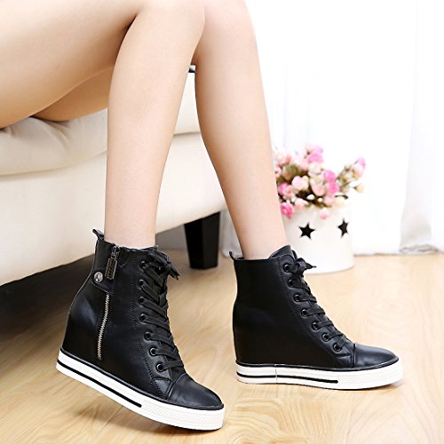 mewow Womens Casual High Top Wedge Hidden Heel Leather Shoes Fashion Sport Sneaker (7.5, Black)