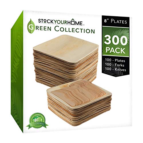 Stock Your Home Compostable Eco Friendly Bamboo Like Palm Leaf Plates and Cutlery Set, 100 Square 8 Inch Plates, 100 Wooden Forks, 100 Wooden Knives, 300 Pieces