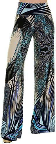 Uptown Apparel Women's Fold Over Waist Wide Leg Boho Printed Palazzo Pants - Made in USA (L, BLUE3)