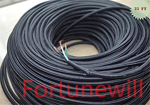 Fortunewill 25 ft 3-wire Black Cloth Covered 3-Wire Round Cord. Vintage Lamps Lights, rayon UL Certificated