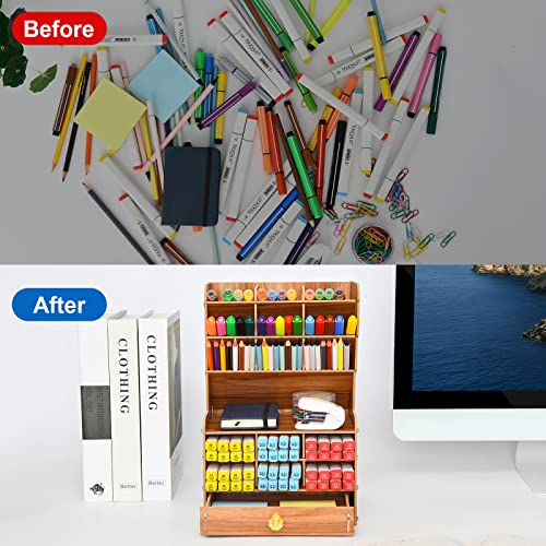 Marbrasse Wooden Pen Organizer, MultiFunctional DIY Pen Holder Box