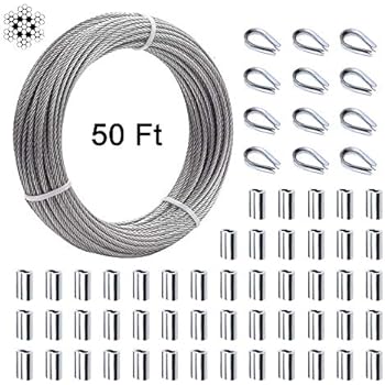 Cable Railing Kits Includes 1/16 inch x 50 Feet Stainless Steel Wire Rope Cable, 50 Pieces Aluminum Crimping Sleeves and 12 Pieces Stainless Steel Thimble for Railing,Decking, Picture Hanging
