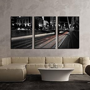3 Piece Canvas Wall Art - Urban Roads at Night,Black and Withe - Modern Home Art Stretched and Framed Ready to Hang - 16"x24"x3 Panels