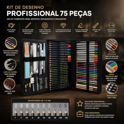 Kit Lapis de Desenho Profissional 75 Peças com Estojo Portátil, Lapis de Cor e Grafite Profissional, Sketchbook, Borrachas, Estilete e Acessórios para Artistas e Estudantes Linha Super Premium