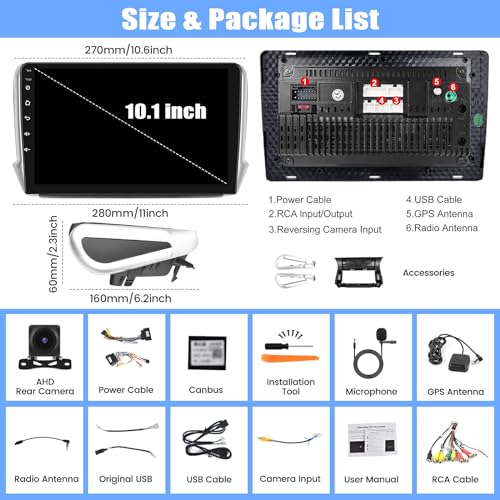 For Peugeot 208/2008 2012-2018, Android 15, 4G+64G 8Core GOHHDL Car Radio 2Din for Peugeot 208/2008, 10.1 Inch Touch Screen with Navi GPS WiFi EQ Bluetooth Radio FM/RDS SWC Camera+Mic
