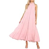 R.Vivimos Women's Summer Boho Ruffle Halter Sleeveless Mock Neck Tie Back Flowy Maxi Dress with Pockets