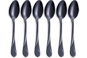 Black Dinner Spoon Set, Seeshine 7.6-inch(19.3cm) Stainless Steel Shiny Black Soup Table Spoon Silverware, Set of 6