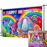Colorful Rainbow Themed Trolls Poppy Photography Backdrop Girls Happy Birthday Decoration Party Banner Photo Booth Studio Props Trolls Photo Background Vinyl 5x3ft Cake Table Supplies