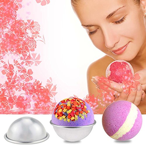 Bath Bomb DIY Kit,12x Aluminum Bath Bomb Molds 3 Sizes,1x Powder Tamper,1 Set of Measuring Spoon,50x Wrapping Paper,50 Shrink Wrap Bag, Crafting Starter Metal Set
