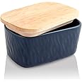 KOOV Porcelain Large Butter Dish with Lid for Countertop, Airtight Butter Container with Oak Lid, Butter Crock, Perfect for 2 Sticks of Butter, Texture Series (Dark Blue)