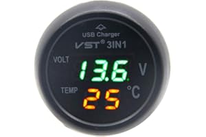 RKURCK 12V-24V 3in1 Universal Green Cigarette Lighter Car USB Port Charger Digital LED Display Voltmeter Thermometer Auto Gauge Battery Voltage Tester Temperature Monitor Meter