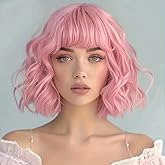 Veally Curly Bob Wig with Bangs Short Wavy Pink Wigs for Women Natural Looking Synthetic Heat Resistant Fiber Bob Wig for Daily Party Use (Pink)