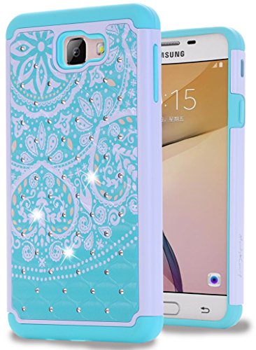 J5 Prime Case ,MANDYCOWRY [ Fashion ]Crystal Bling Diamond Shell Shock Absorbing Soft Rubber Inner Hybrid Armor Protection Cover For Samsung J5 Prime/Galaxy On5 2016 G570 (Blue Flower)