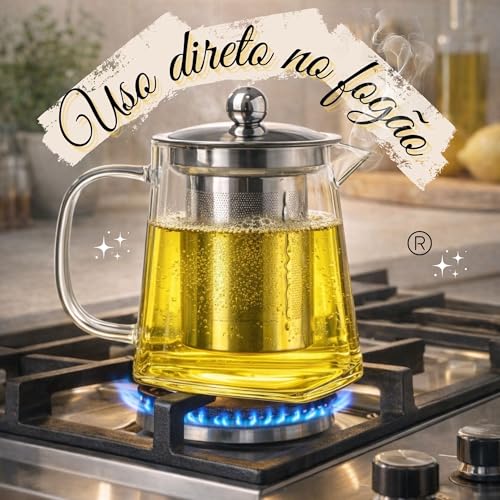 Chaleira de Vidro Borossilicato com Infusor Removível e Tampa em Aço Inox – Bule de Chá 2 em 1, Jarra de Vidro com tampa, para Chá e Infusões, Bebidas Quentes e Frias - Presente Sofisticado (950ml)