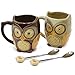 SQOWL 3D Coffee Mug Cute Set of 2 Owl Ceramic Coffee Mugs with spoons Office Tea Cups for Women Men 12 oz Cyan and Brown