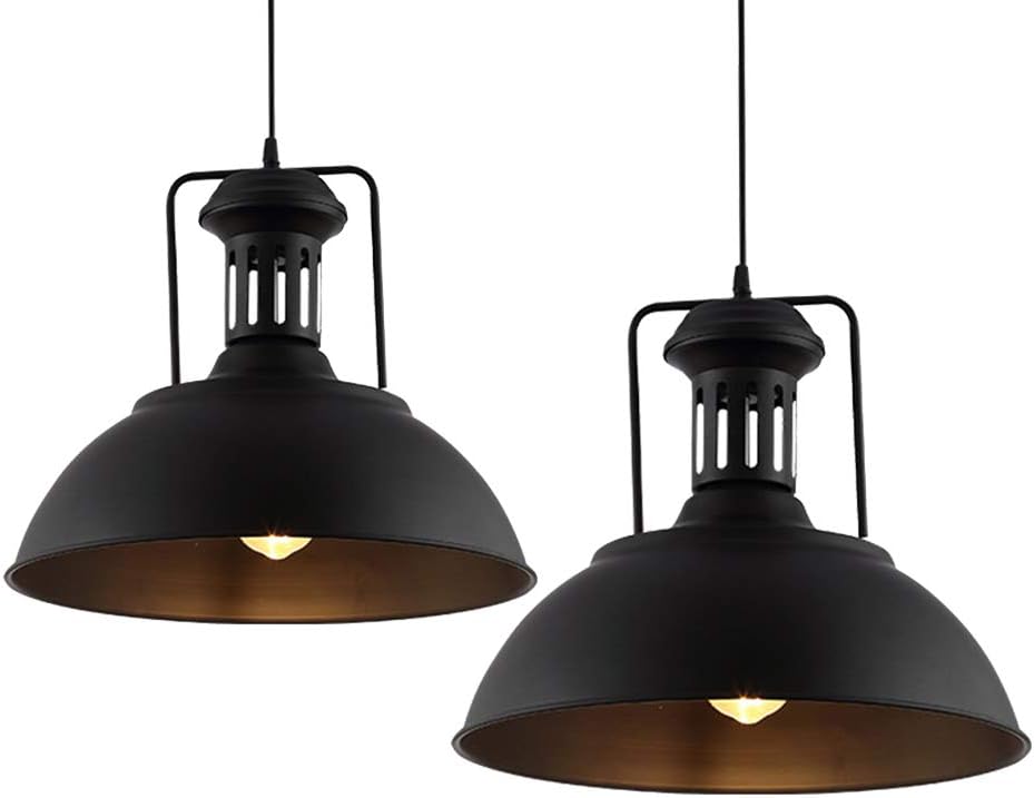 2pcs Vintage Pendant Lamp, Motent Industrial Nautical Style Dome/Bowl Shaped Hanging Light, Antique Retro Iron Wrought String Drop Lighting Fixture, 15.7" Dia for Loft Kitchen Bar - Black and Copper