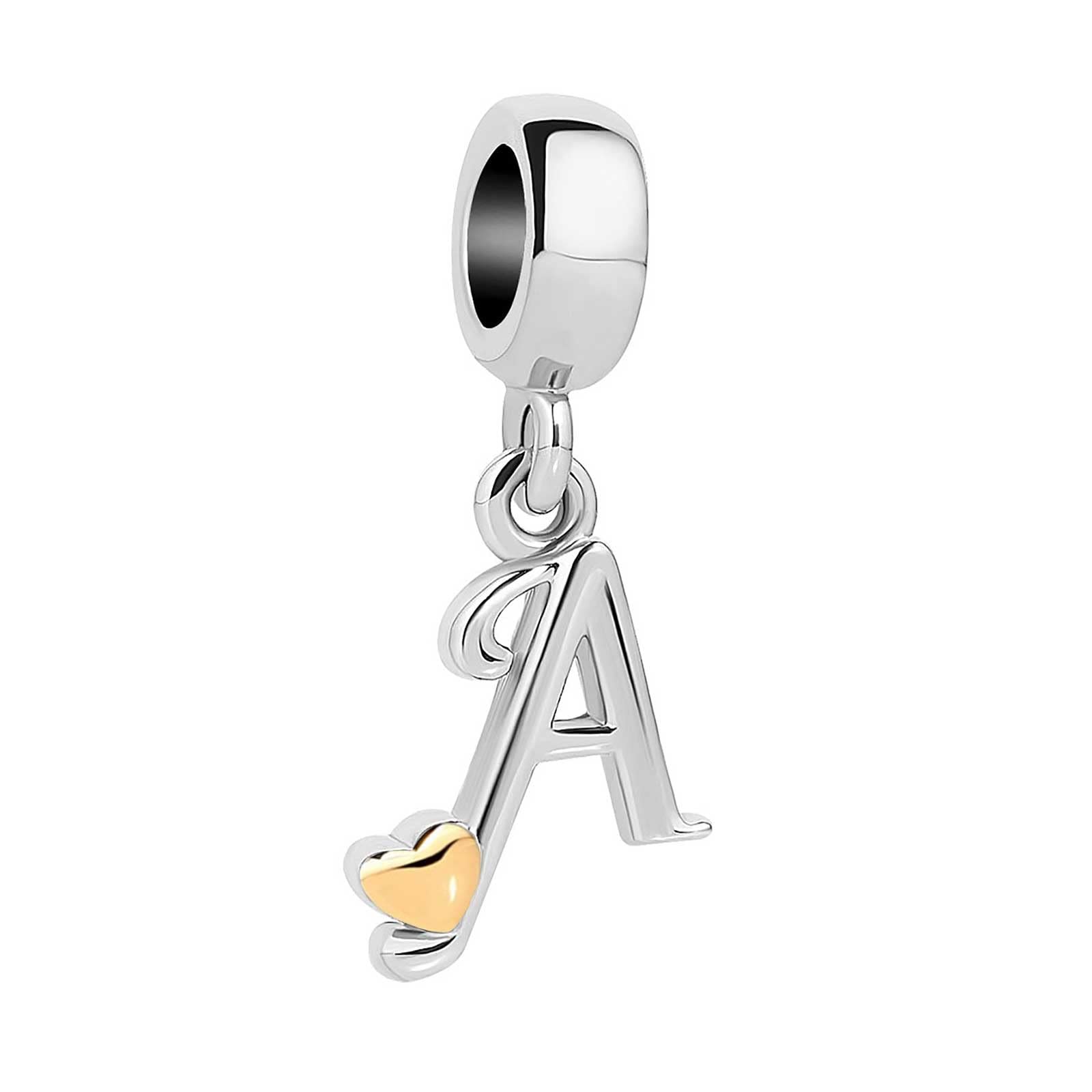 KunBead Jewelry Letter A Initial Alphabet Gold Tone Heart Love Birthday Dangle Charms Compatible with Pandora Bracelets Necklaces for Women Girls