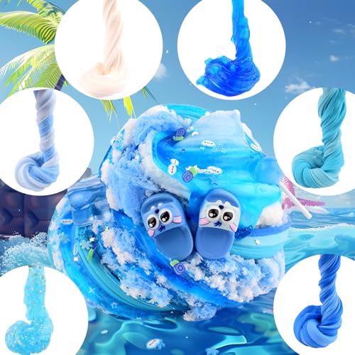 Petyuioyu Slime Set of 6 for Children, 6 x 60 ml Blue Slime Toy with Cloud Slime, Butter Slime & Clear Slime, 12 Accessories & 6 Decorative Bags, Soft, Stretchy, DIY Gift for Boys and Girls
