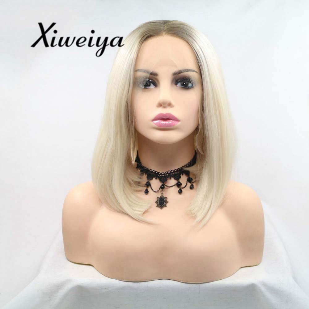 Xiweiya 14" Synthetic Lace Front Bob Wig - Ombre Blonde, Short Straight Hair Wig With Brown Roots - Heat Resistant โ image 1