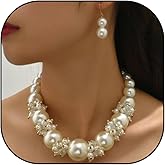 Dcfywl731 Pearl Necklace and Earring Set Pearls Jewlery Sets for Women Bridesmaid Jewelry Set Chunky Statement Big Large Pearls Choker Costume Jewelry for Women Wedding Jewelry for Brides
