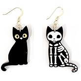 Black Cat Earrings Skull Cat Skeleton Cat Earrings Wooden Black Cat Earring for Women Halloween JEWELRY Gifts