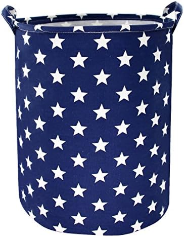 Jacone Cute Stars Pattern Design Laundry Hamper Ramie Cotton Fabric Waterproof Cylindric Storage Basket Bucket with Handles,Decorative and Convenient for Kids Bedroom (Blue)