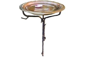 Ancient Graffiti Solid Copper Birdbath with Iron Twig Stake