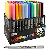 Super Markers Set with 100 Unique Marker Colors - Universal Bullet Point Tips for Fine and Bullet Lines - Bold Vibrant Colors - Includes a Marker Storage Rack - 100% Satisfaction Guarantee
