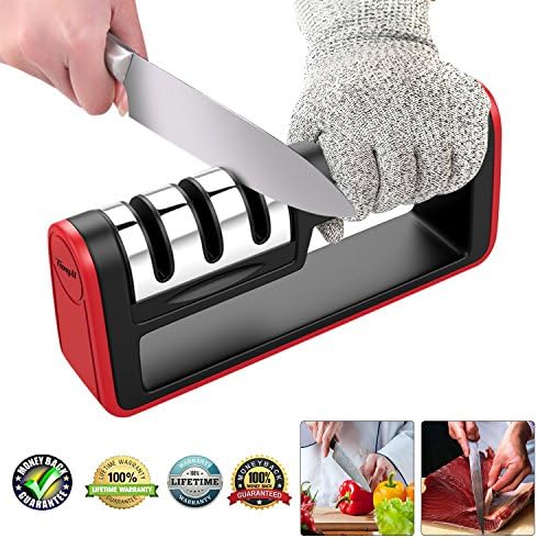 Kitchen Knife Sharpener,3-Stage Knife Sharpening Tool Helps Repair,TangN Restore and Polish Blades Chefs and Pocket Knives +Free Cut-Resistant Glove (Black and Red)