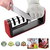 TangN Kitchen Knife Sharpener,3-Stage Knife Sharpening Tool Helps Repair, Restore and Polish Blades Chefs and Pocket Knives +Free Cut-Resistant Glove (Black and Red)