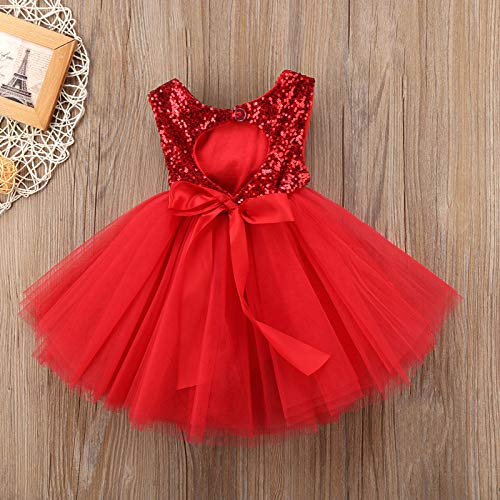 Toddler Girl Baby Lace Flower Sequin Tutu Dress Tulle Pageant Wedding Party Formal Girls Dresses red02 12-18M - Thumbnail 2