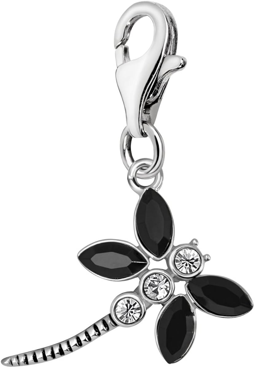 Quiges 925 Sterling Silver Black Cubic Zirconia Abstract Dragonfly Lobster Clasp Charm Clip on Pendant, Black Zirconia Dragonfly