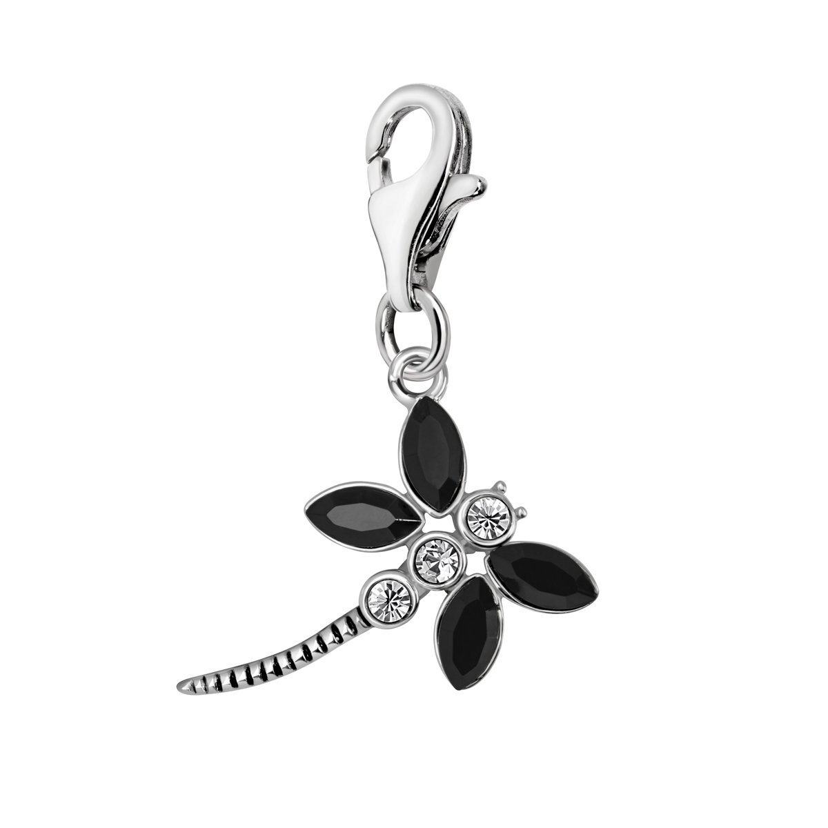 Quiges 925 Sterling Silver Black Cubic Zirconia Abstract Dragonfly Lobster Clasp Charm Clip on Pendant