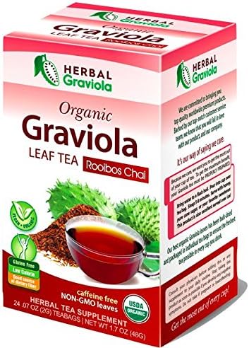Graviola Leaf Tea - Rooibos Chai - Stress & Anxiety Relief - Caffeine Free - 100% USDA Organic - Non-GMO Project Verified - Gluten-Free - Kosher - 24 Teabags - Made in USA by Herbal Goodness